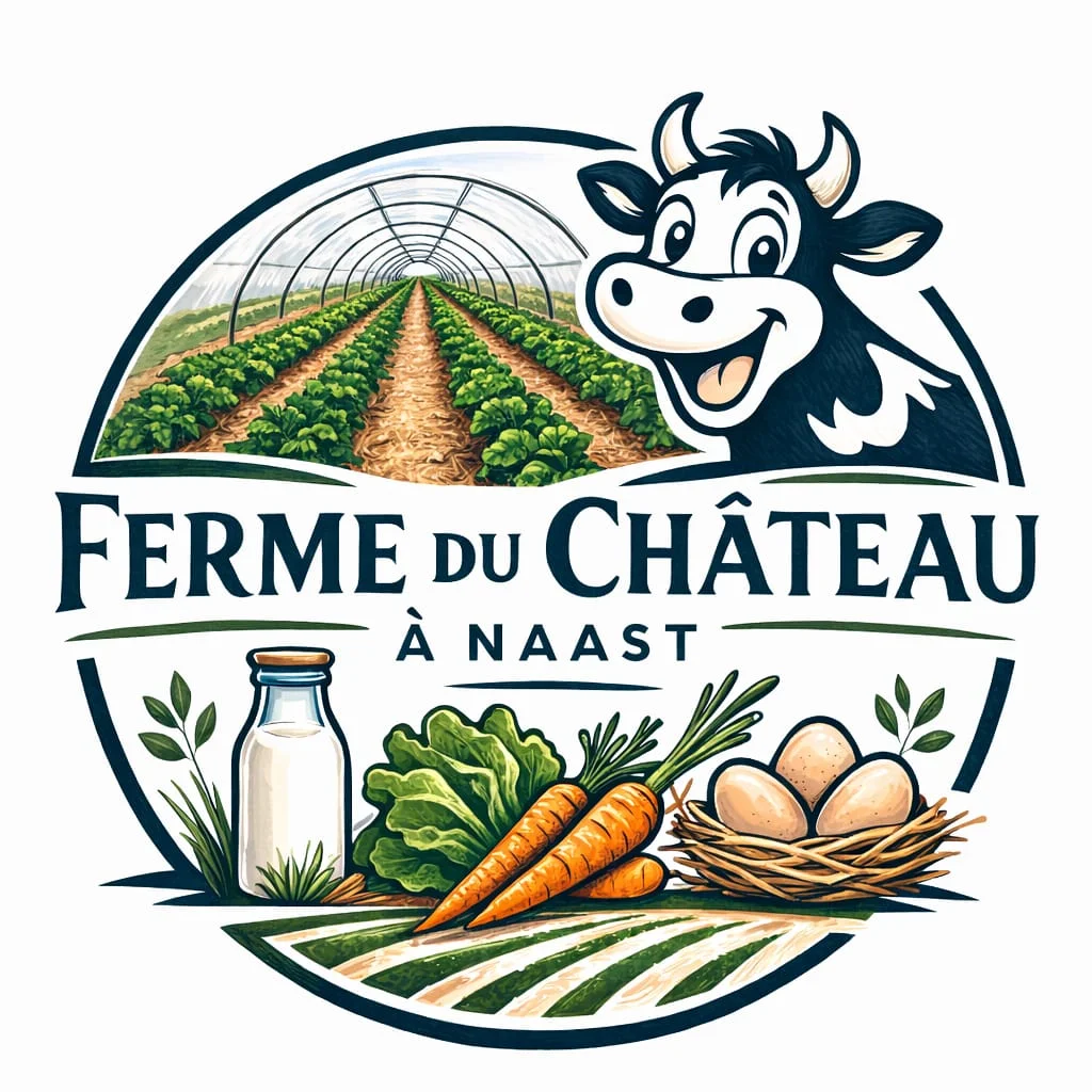 Logo de la Ferme du Château à Naast : serre de cultures, vache, bouteille de lait, salade, carottes et œufs